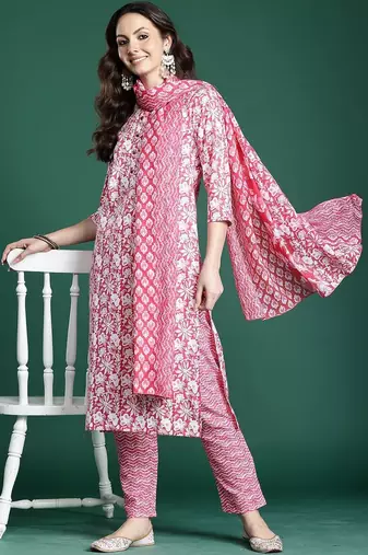 Women Ethnic Motifs Printed Regular Pure Cotton Kurta with Trousers & With Dupatta