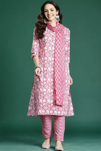 Women Ethnic Motifs Printed Regular Pure Cotton Kurta with Trousers & With Dupatta