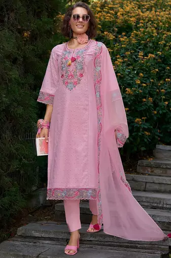 Women Floral Embroidered Regular Pure Cotton Kurta with Trousers & Dupatta