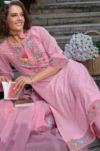 Women Floral Embroidered Regular Pure Cotton Kurta with Trousers & Dupatta