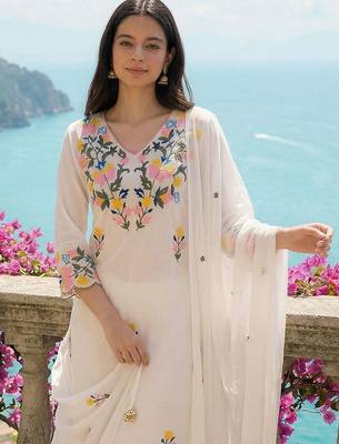 Women Floral Embroidered Regular Thread Work Pure Cotton Kurta with Trousers & With Dupatta 3
