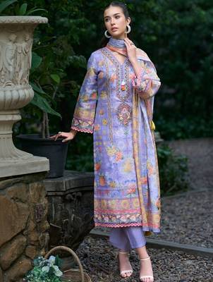 Women Floral Printed Regular Thread Work Linen Kurta with Trousers & With Dupatta 6