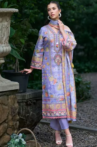Women Floral Printed Regular Thread Work Linen Kurta with Trousers & With Dupatta