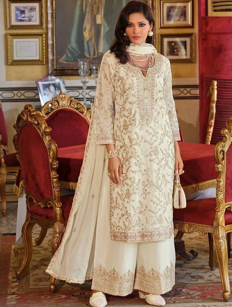 Women Ethnic Motifs Embroidered Regular Thread Work Kurta with Palazzos & Dupatta