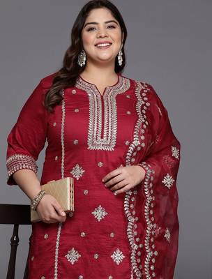 Plus Size Red Embroidered Straight Kurta Trousers With Dupatta Set 1