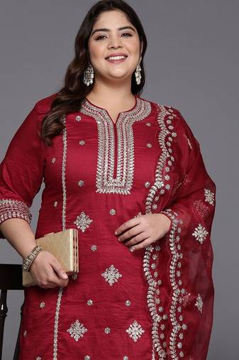 Plus Size Red Embroidered Straight Kurta Trousers With Dupatta Set