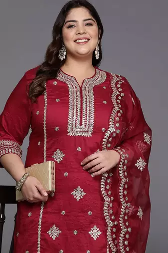 Plus Size Red Embroidered Straight Kurta Trousers With Dupatta Set