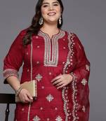 Plus Size Red Embroidered Straight Kurta Trousers With Dupatta Set