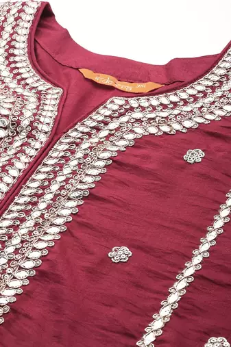 Plus Size Red Embroidered Straight Kurta Trousers With Dupatta Set