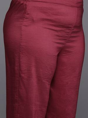 Plus Size Red Embroidered Straight Kurta Trousers With Dupatta Set 3