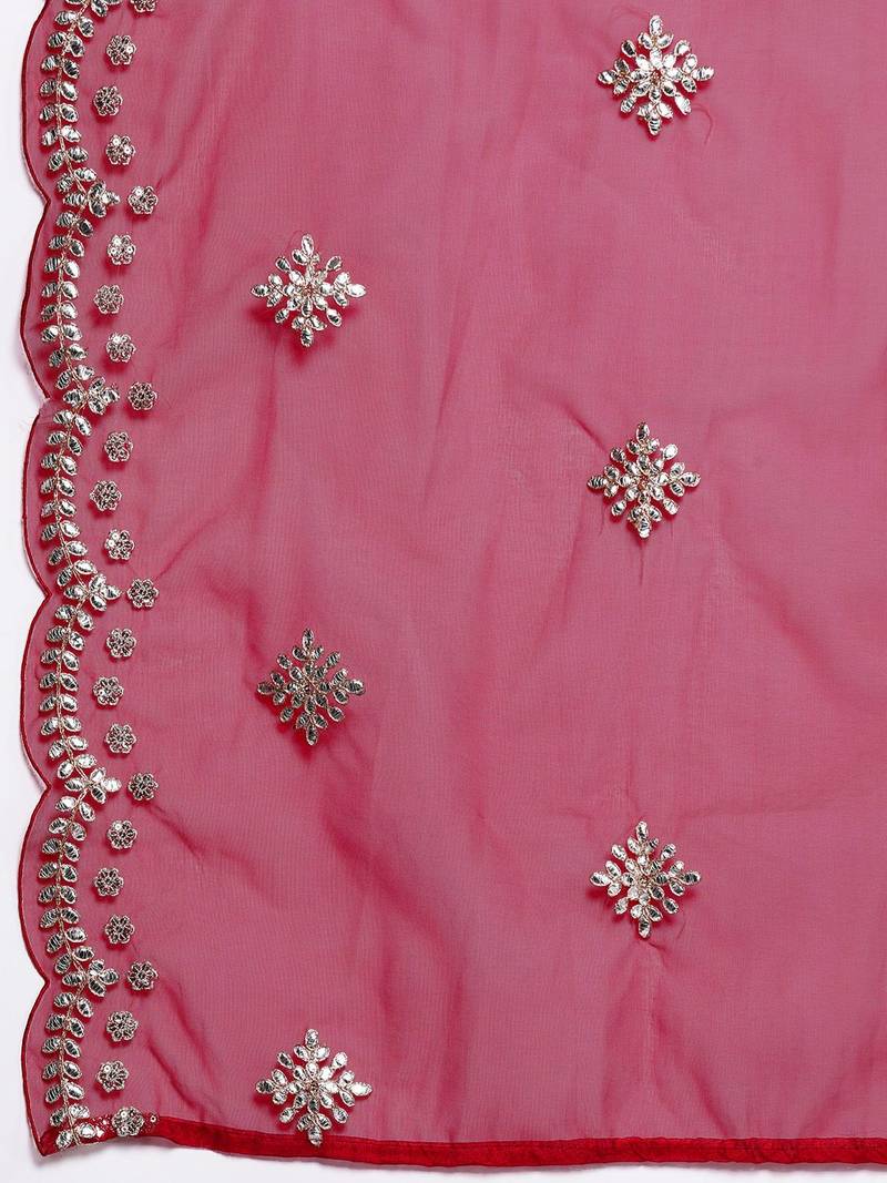 Plus Size Red Embroidered Straight Kurta Trousers With Dupatta Set