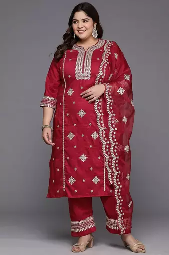 Plus Size Red Embroidered Straight Kurta Trousers With Dupatta Set