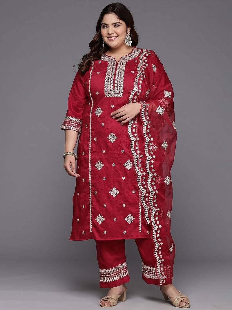Plus Size Red Embroidered Straight Kurta Trousers With Dupatta Set