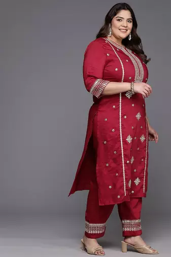 Plus Size Red Embroidered Straight Kurta Trousers With Dupatta Set