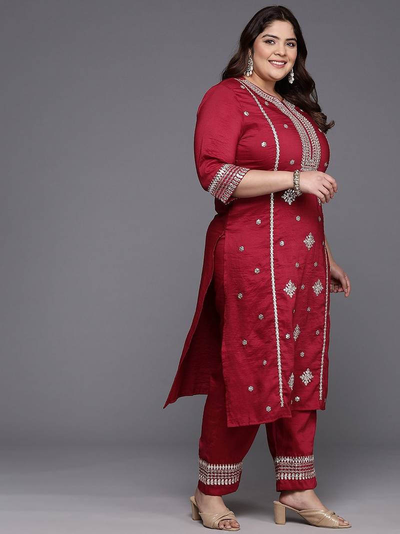 Plus Size Red Embroidered Straight Kurta Trousers With Dupatta Set