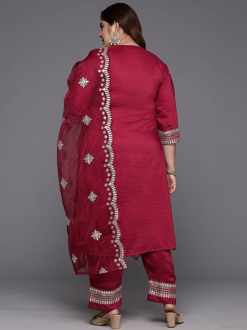 Plus Size Red Embroidered Straight Kurta Trousers With Dupatta Set