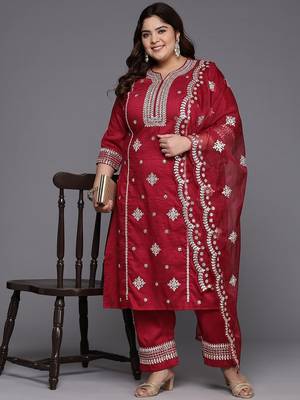 Plus Size Red Embroidered Straight Kurta Trousers With Dupatta Set 8