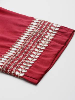 Plus Size Red Embroidered Straight Kurta Trousers With Dupatta Set 9