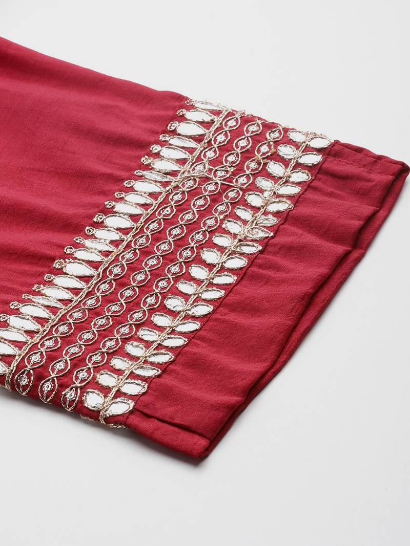 Plus Size Red Embroidered Straight Kurta Trousers With Dupatta Set