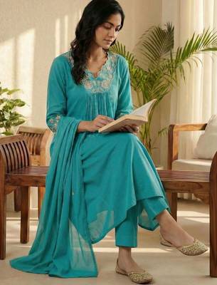 Floral Embroidered Beads and Stones Pure Cotton Kurta with Trousers & Dupatta 2