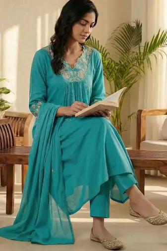 Floral Embroidered Beads and Stones Pure Cotton Kurta with Trousers & Dupatta