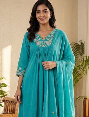 Floral Embroidered Beads and Stones Pure Cotton Kurta with Trousers & Dupatta 4