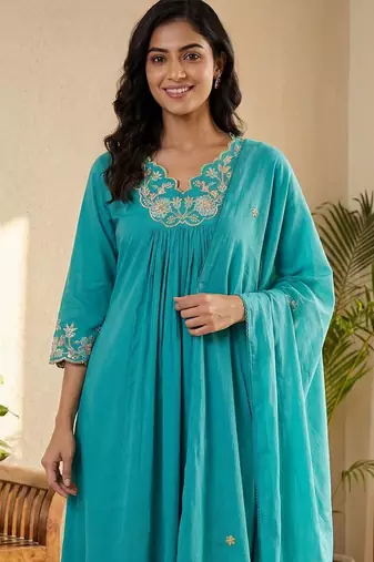 Floral Embroidered Beads and Stones Pure Cotton Kurta with Trousers & Dupatta