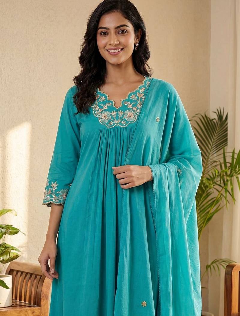 Floral Embroidered Beads and Stones Pure Cotton Kurta with Trousers & Dupatta