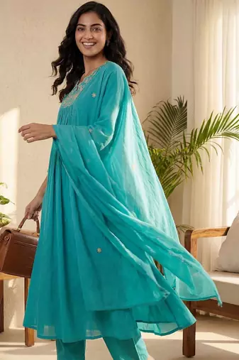 Floral Embroidered Beads and Stones Pure Cotton Kurta with Trousers & Dupatta