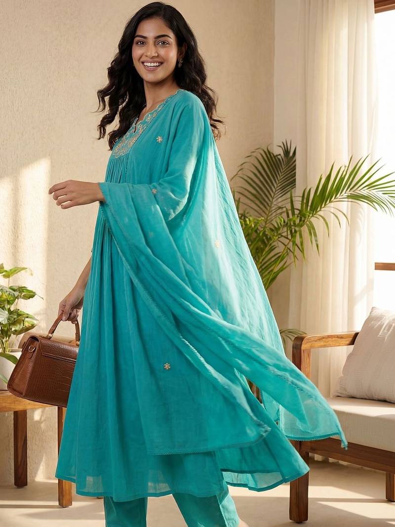 Floral Embroidered Beads and Stones Pure Cotton Kurta with Trousers & Dupatta