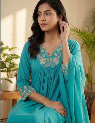 Floral Embroidered Beads and Stones Pure Cotton Kurta with Trousers & Dupatta 6