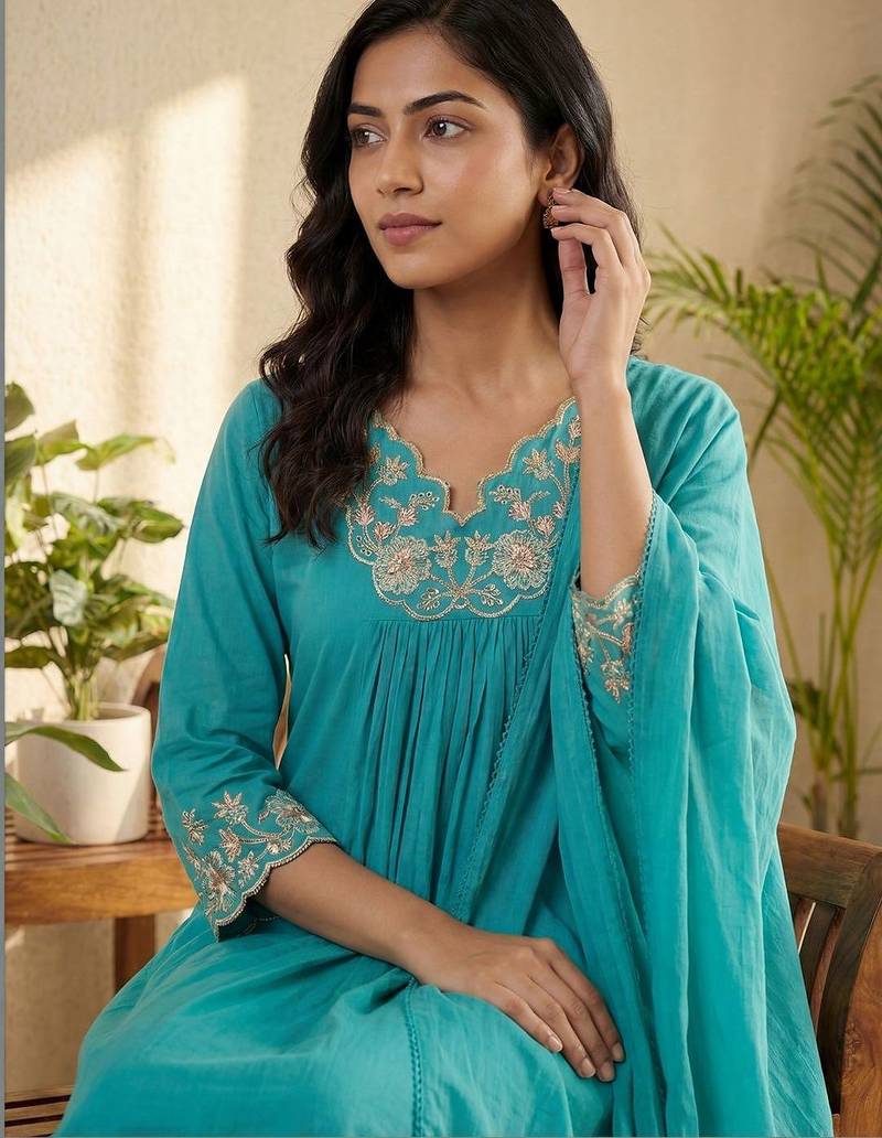 Floral Embroidered Beads and Stones Pure Cotton Kurta with Trousers & Dupatta