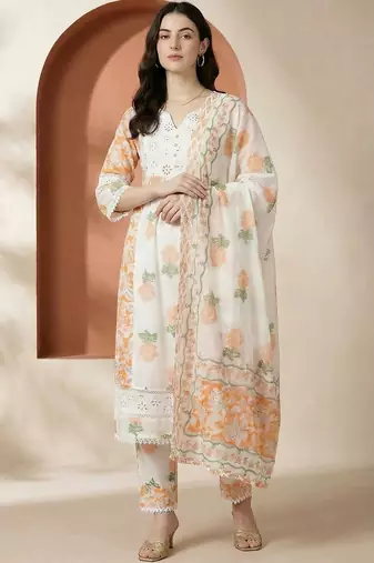 Women Floral Printed Regular Pure Cotton Kurta with Trousers & With Dupatta