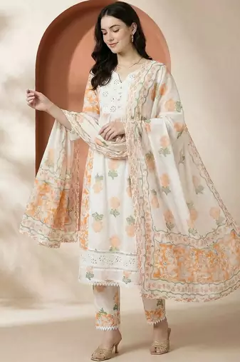 Women Floral Printed Regular Pure Cotton Kurta with Trousers & With Dupatta