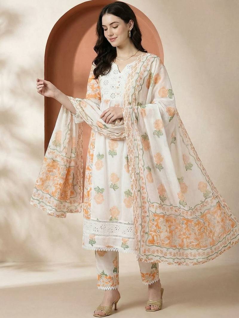 Women Floral Printed Regular Pure Cotton Kurta with Trousers & With Dupatta