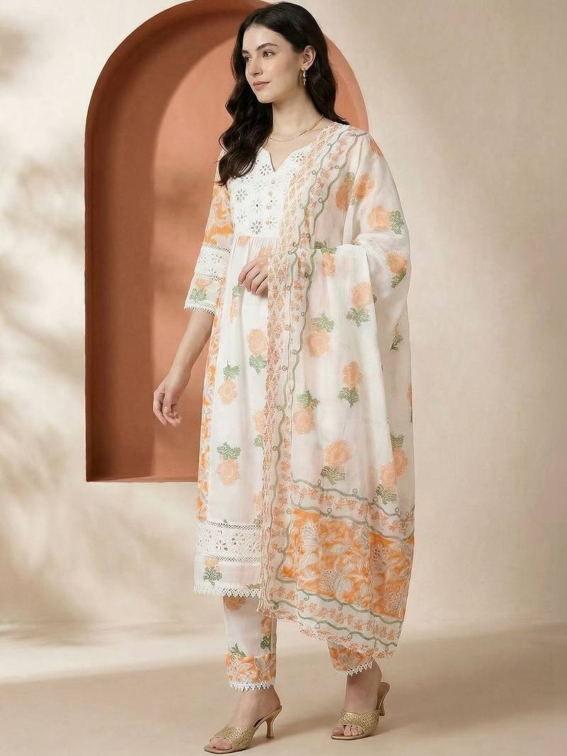 Women Floral Printed Regular Pure Cotton Kurta with Trousers & With Dupatta