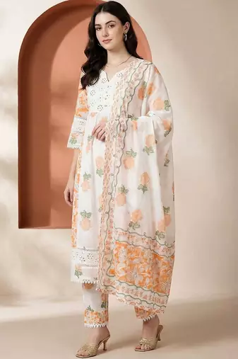 Women Floral Printed Regular Pure Cotton Kurta with Trousers & With Dupatta