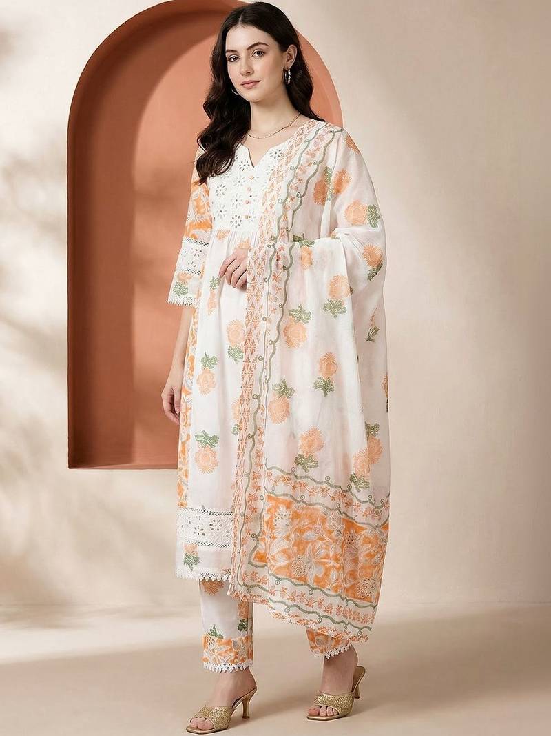 Women Floral Printed Regular Pure Cotton Kurta with Trousers & With Dupatta