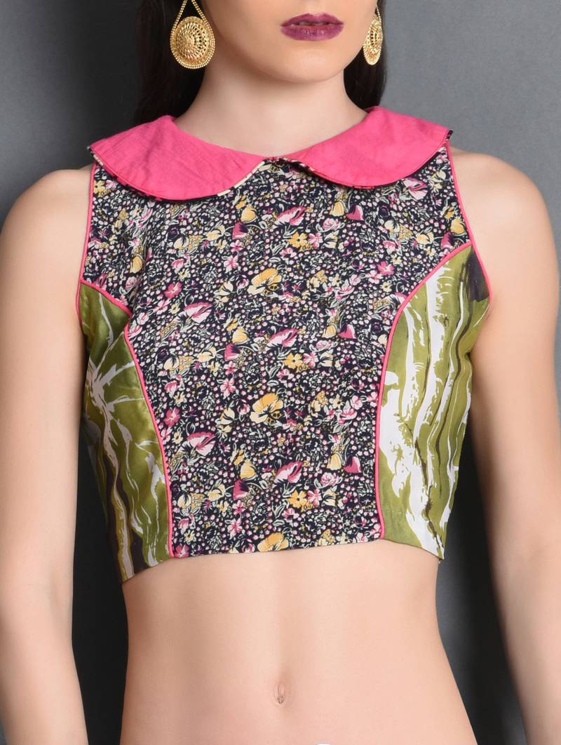 Printed lime green mix and match pure crepe blouse Closet Ranipink 735878