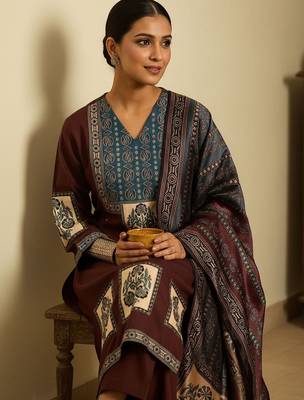 Ethnic Motifs Printed V-Neck Straight Kurta With Trousers & Dupatta 2