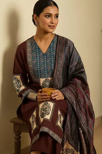 Ethnic Motifs Printed V-Neck Straight Kurta With Trousers & Dupatta