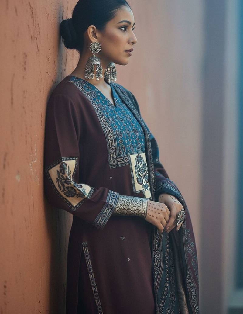 Ethnic Motifs Printed V-Neck Straight Kurta With Trousers & Dupatta