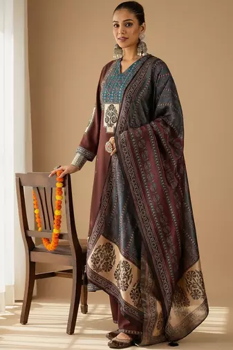 Ethnic Motifs Printed V-Neck Straight Kurta With Trousers & Dupatta