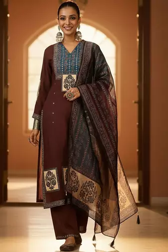 Ethnic Motifs Printed V-Neck Straight Kurta With Trousers & Dupatta