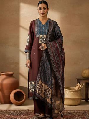 Ethnic Motifs Printed V-Neck Straight Kurta With Trousers & Dupatta 6