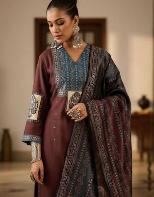 Ethnic Motifs Printed V-Neck Straight Kurta With Trousers & Dupatta 7