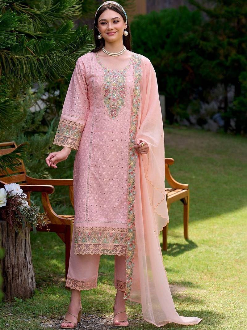 Women Ethnic Motifs Embroidered Regular Thread Work Pure Cotton Kurta with Trousers & With Dupatta