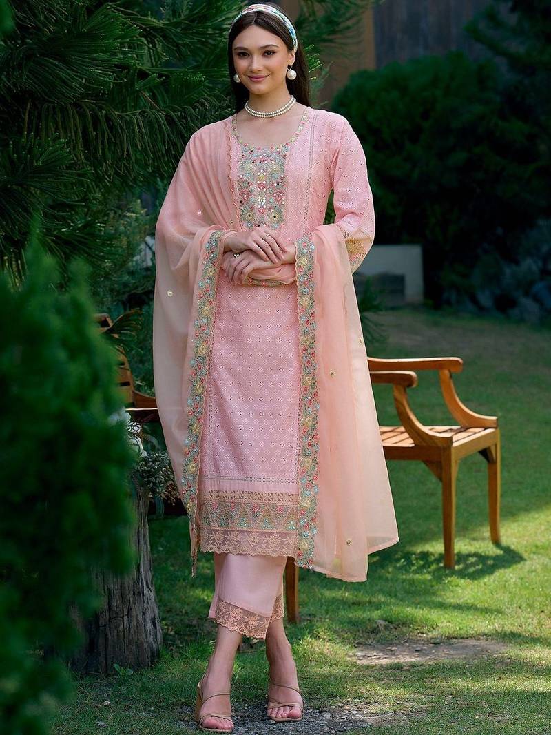 Women Ethnic Motifs Embroidered Regular Thread Work Pure Cotton Kurta with Trousers & With Dupatta