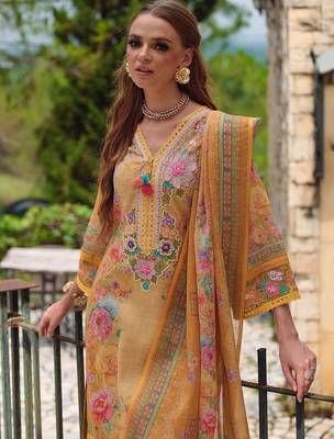 Women Floral Embroidered Beads and Stones Linen Kurta, Trousers With Dupatta 1