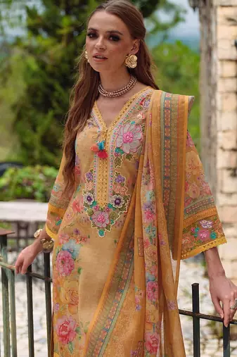 Women Floral Embroidered Beads and Stones Linen Kurta, Trousers With Dupatta